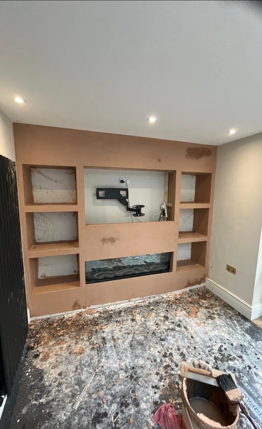 Media wall being formed and prepared for plastering