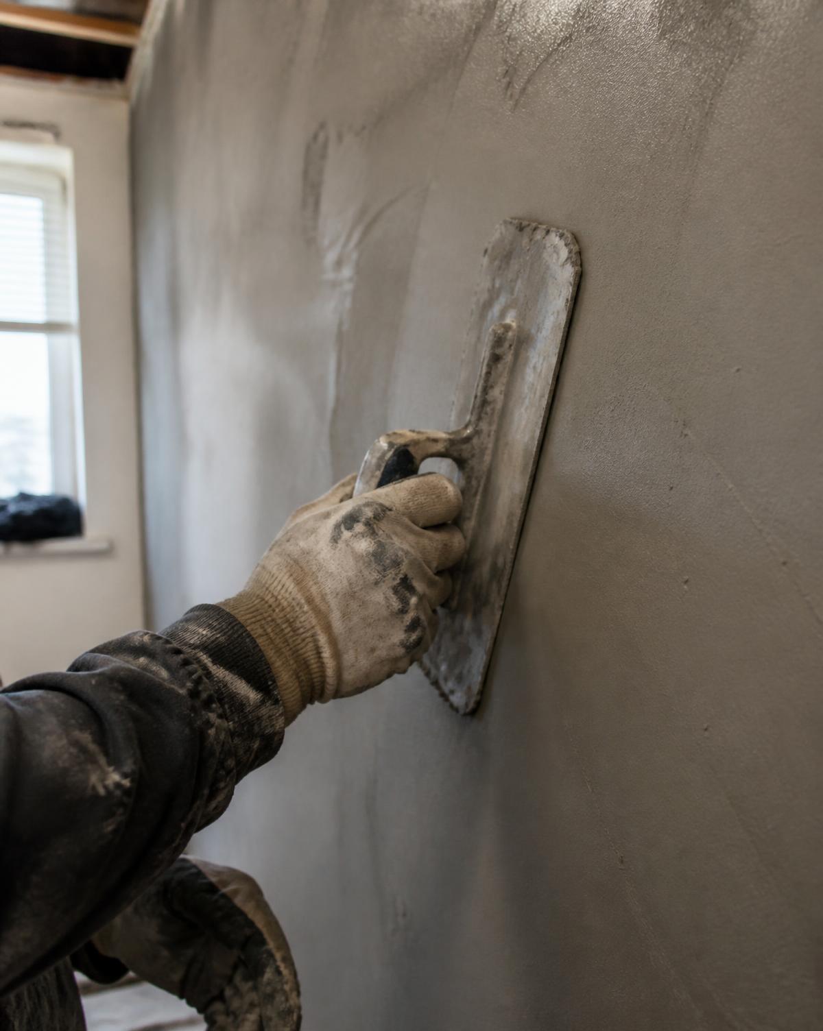 Plasterer skimming a wall with a trowel